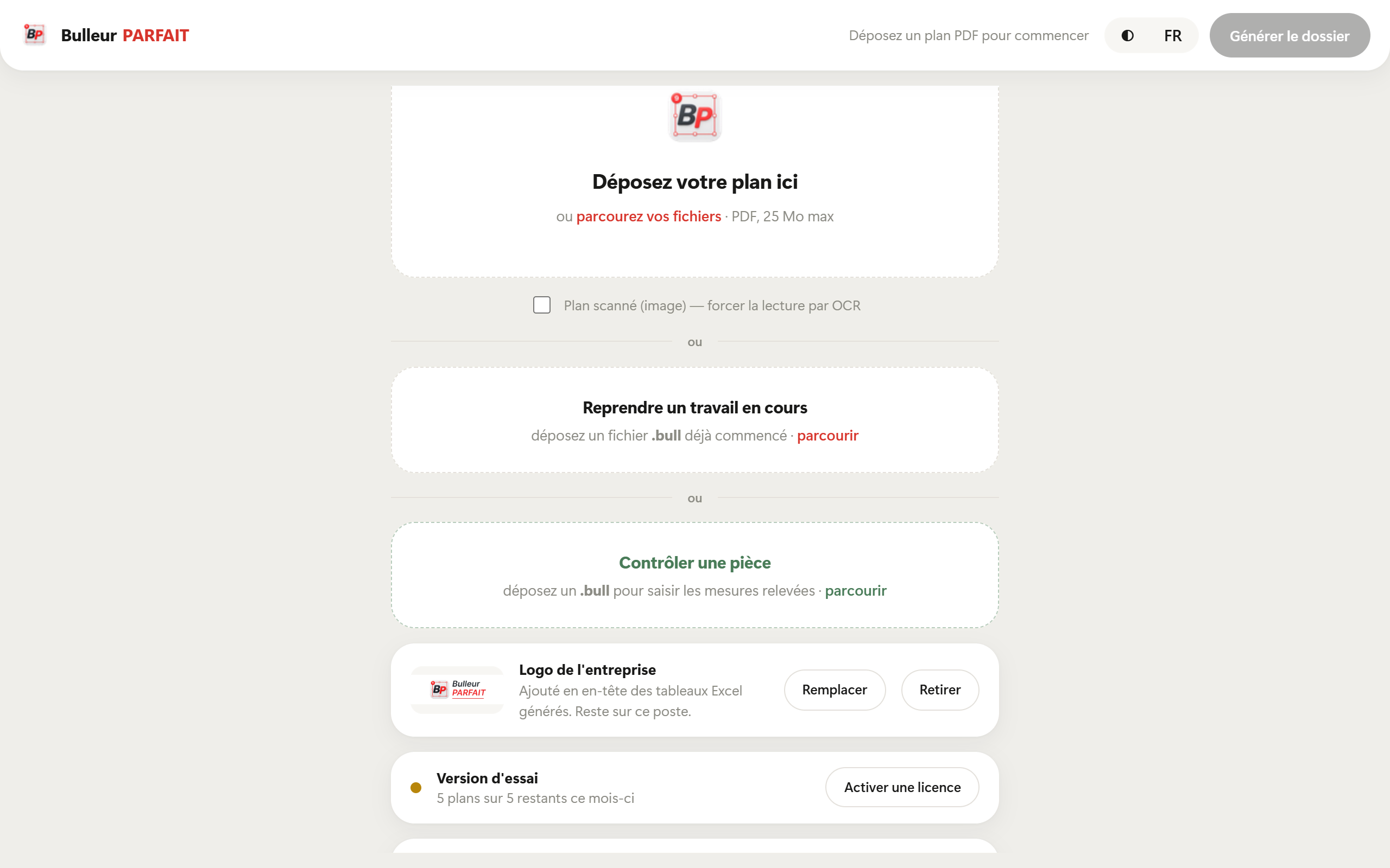 Pantalla de inicio de Bulleur PARFAIT: suelte su plano PDF para empezar.